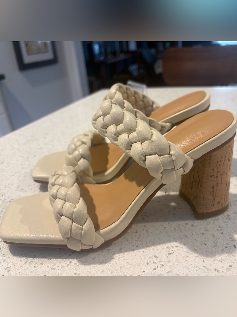 Braided Strap Cork Block Heel Sandals in Cream